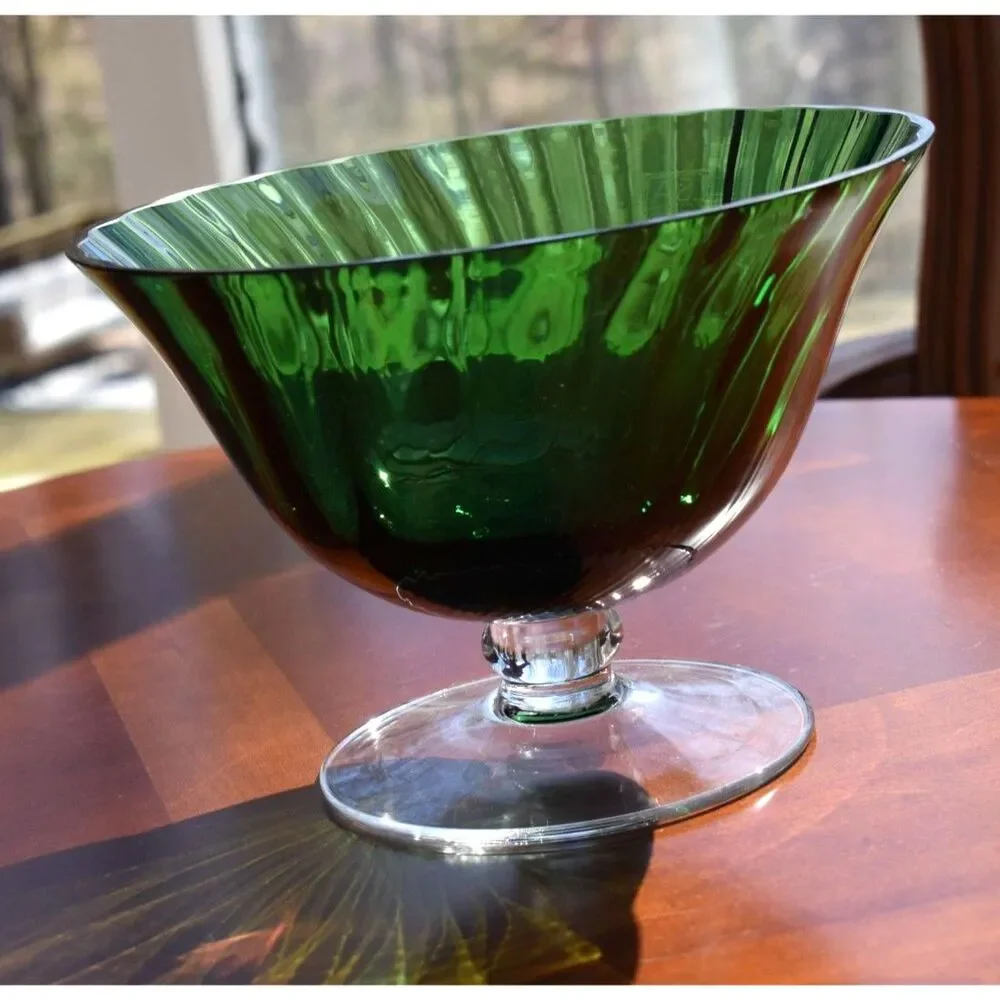 Vintage Emerald Green Pedestal Glass Centerpiece Bowl / Flared Compote Vase